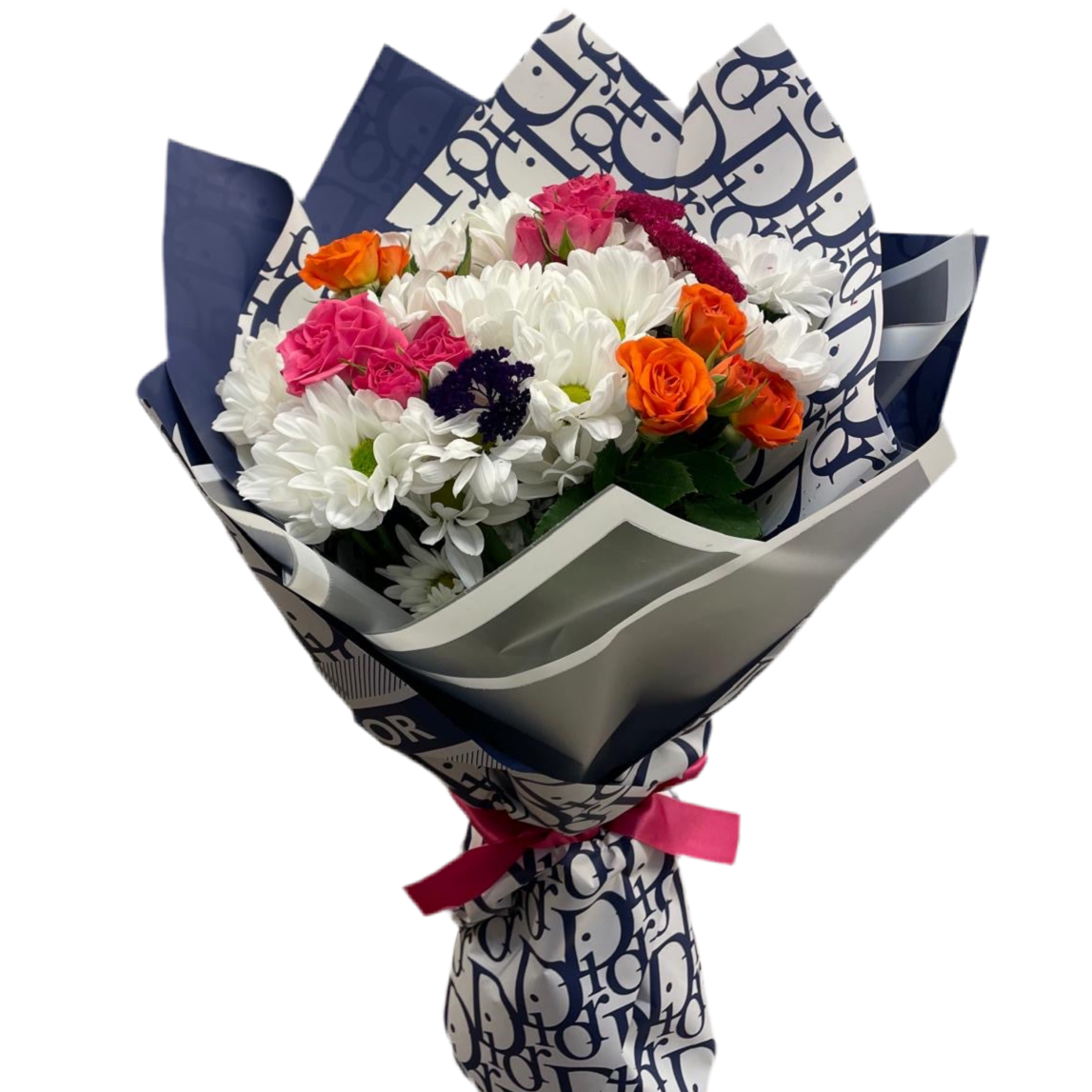 Dior Baskılı Bukette Beyaz Papatya & Turuncu Çardak Güller