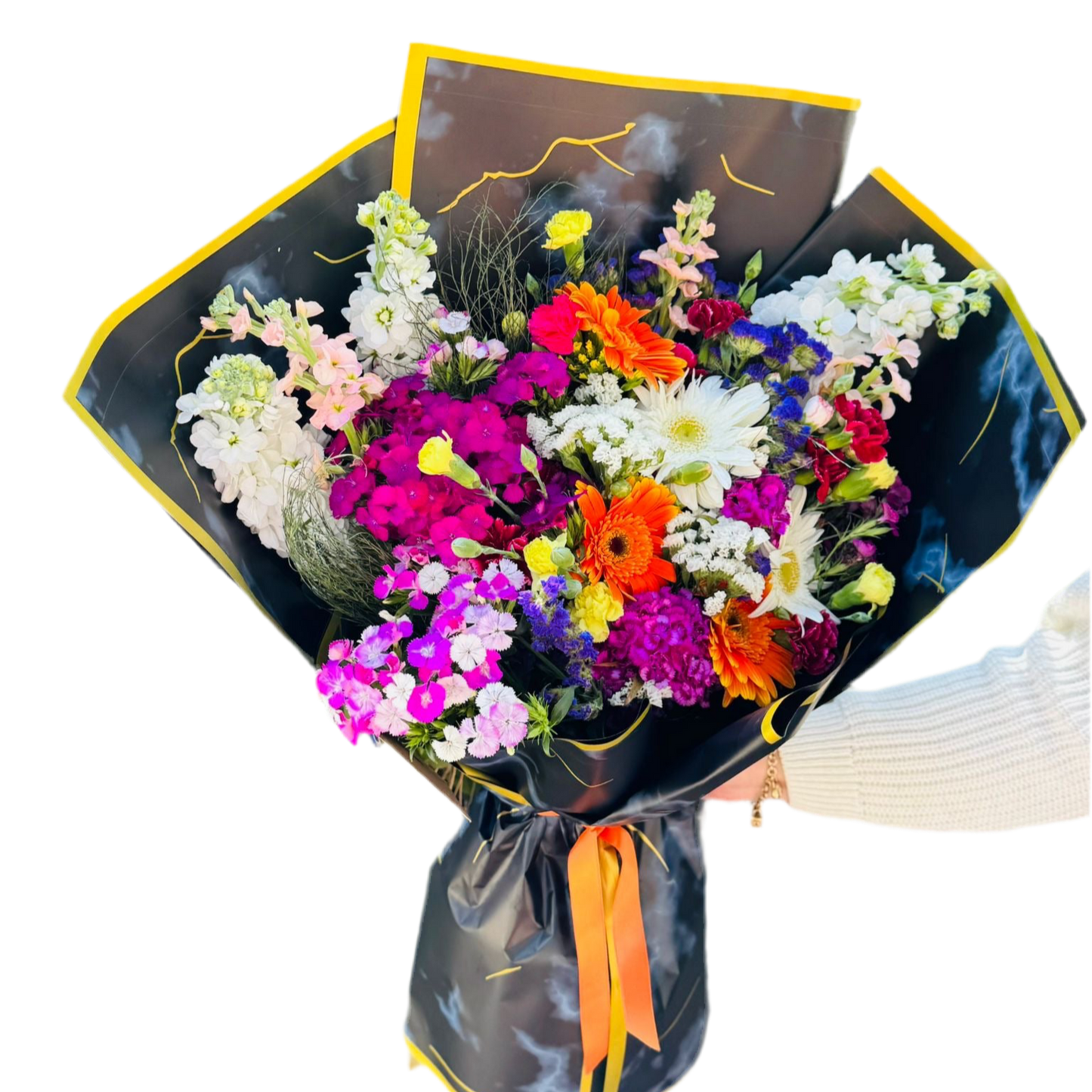 Siyah Mermer Desenli Bukette Beyaz Papatya & Gerbera & Hüsnüyusuf